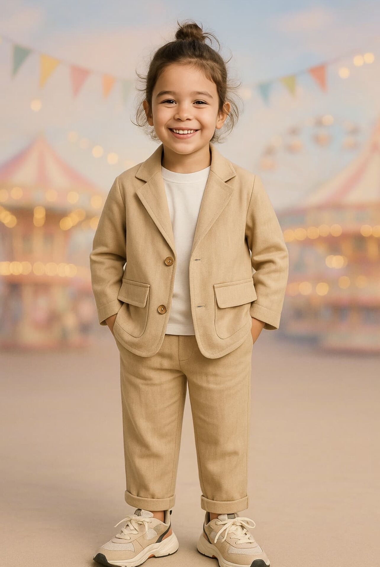 Ceket Tişört Pantolon Takım Krem