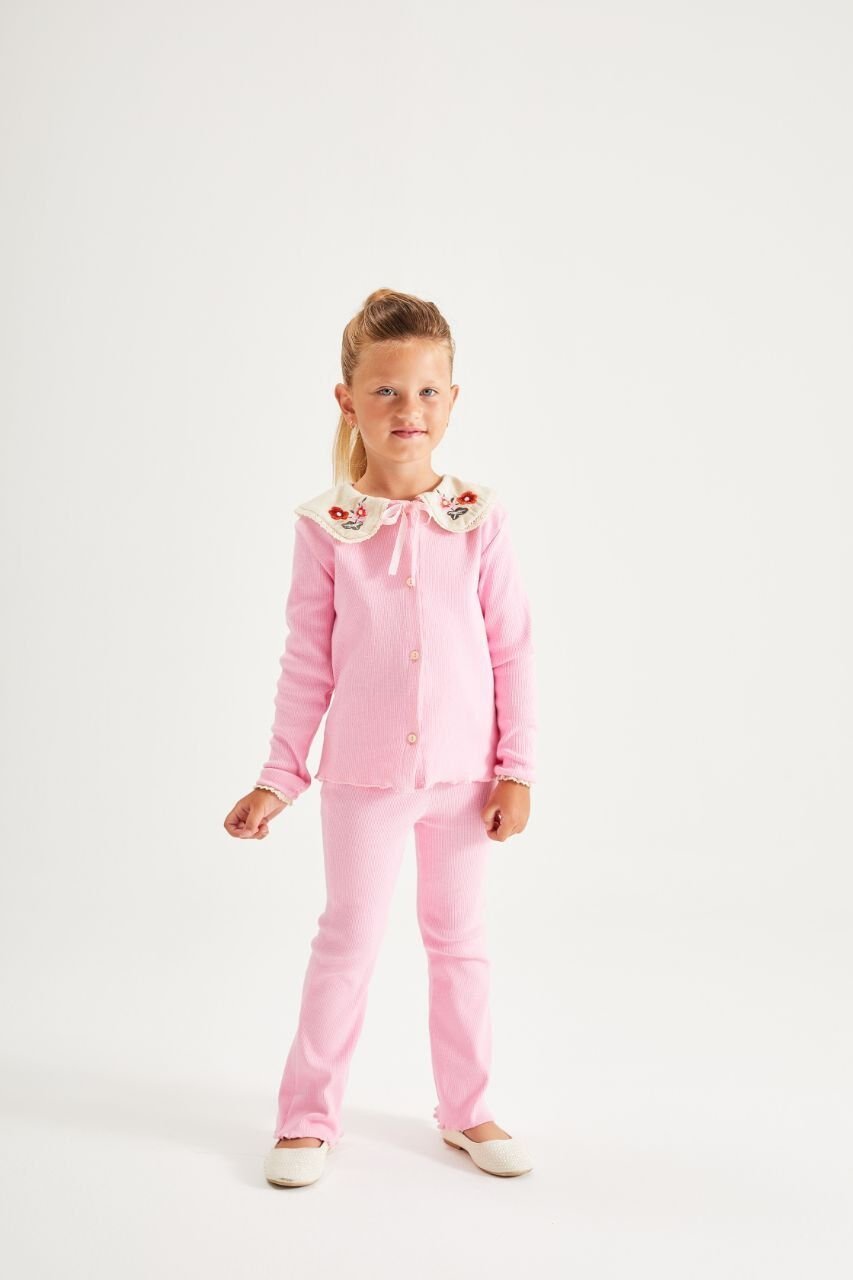 Pembe Yakası Nakışlı Fitilli Takım