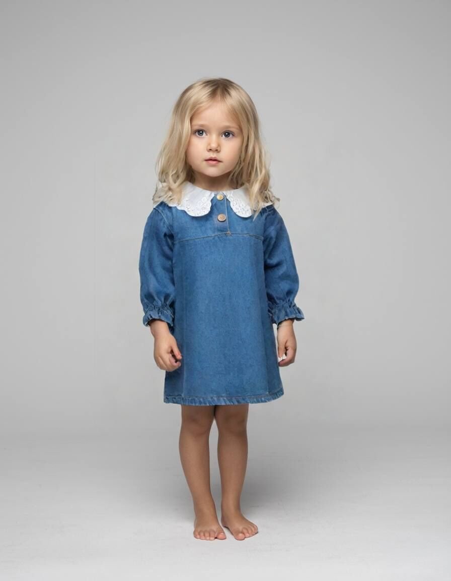 Yakası Güpür Detaylı Kot Elbise