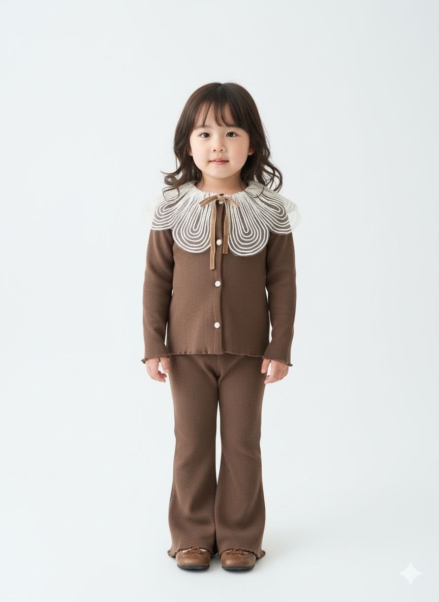 Tül Yakalı Kahverengi Takım