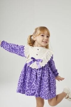 Mor Leopar Desenli Elbise