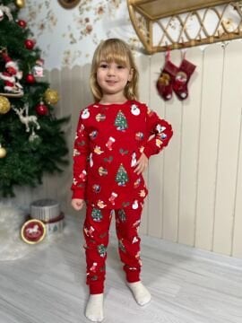 Unisex Kırmızı Yılbaşı Temalı Pijama