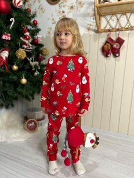 Unisex Kırmızı Yılbaşı Temalı Pijama